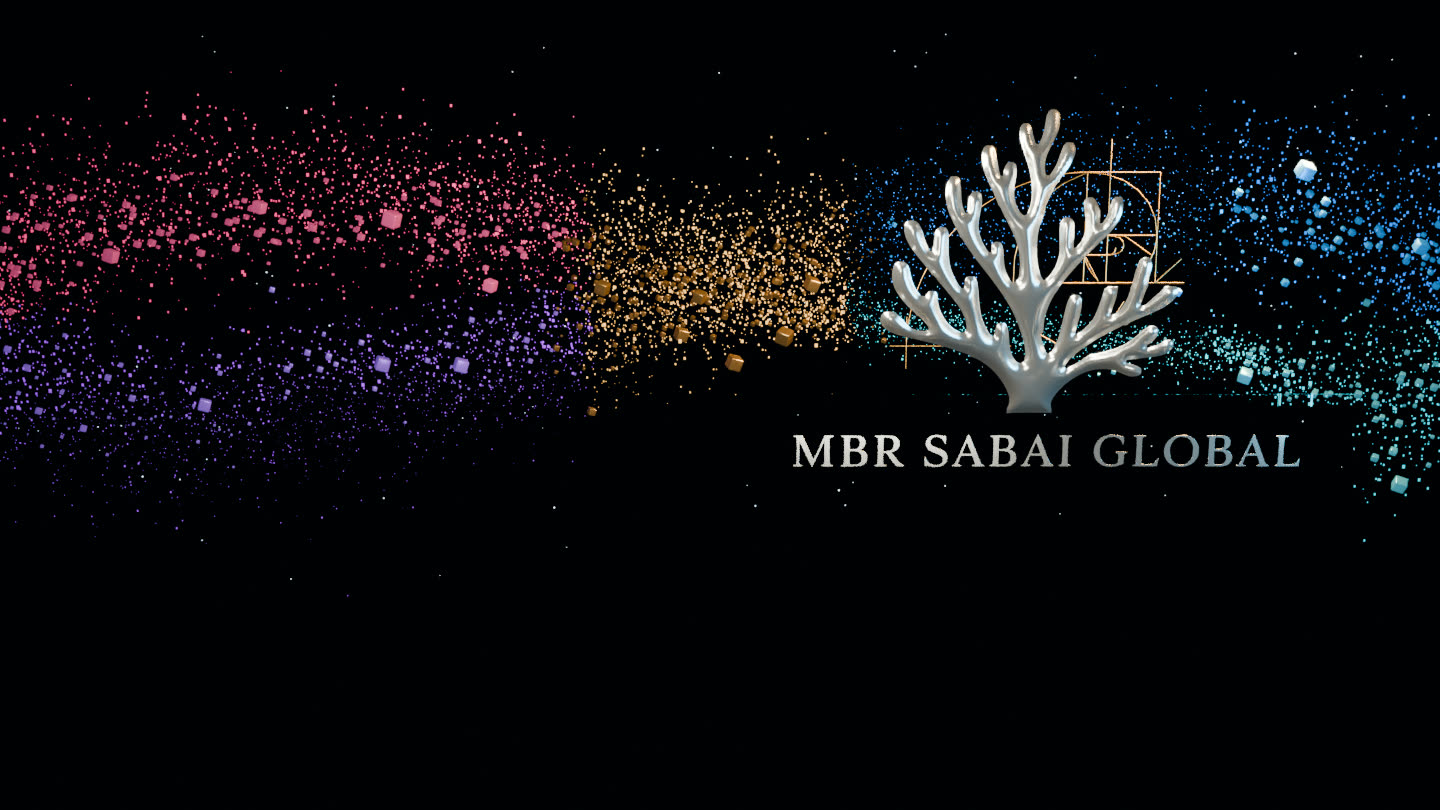 MBR SABAI GLOBAL — a pearl and chrome coral with serif lettering in a dimensional cosmic pixel current